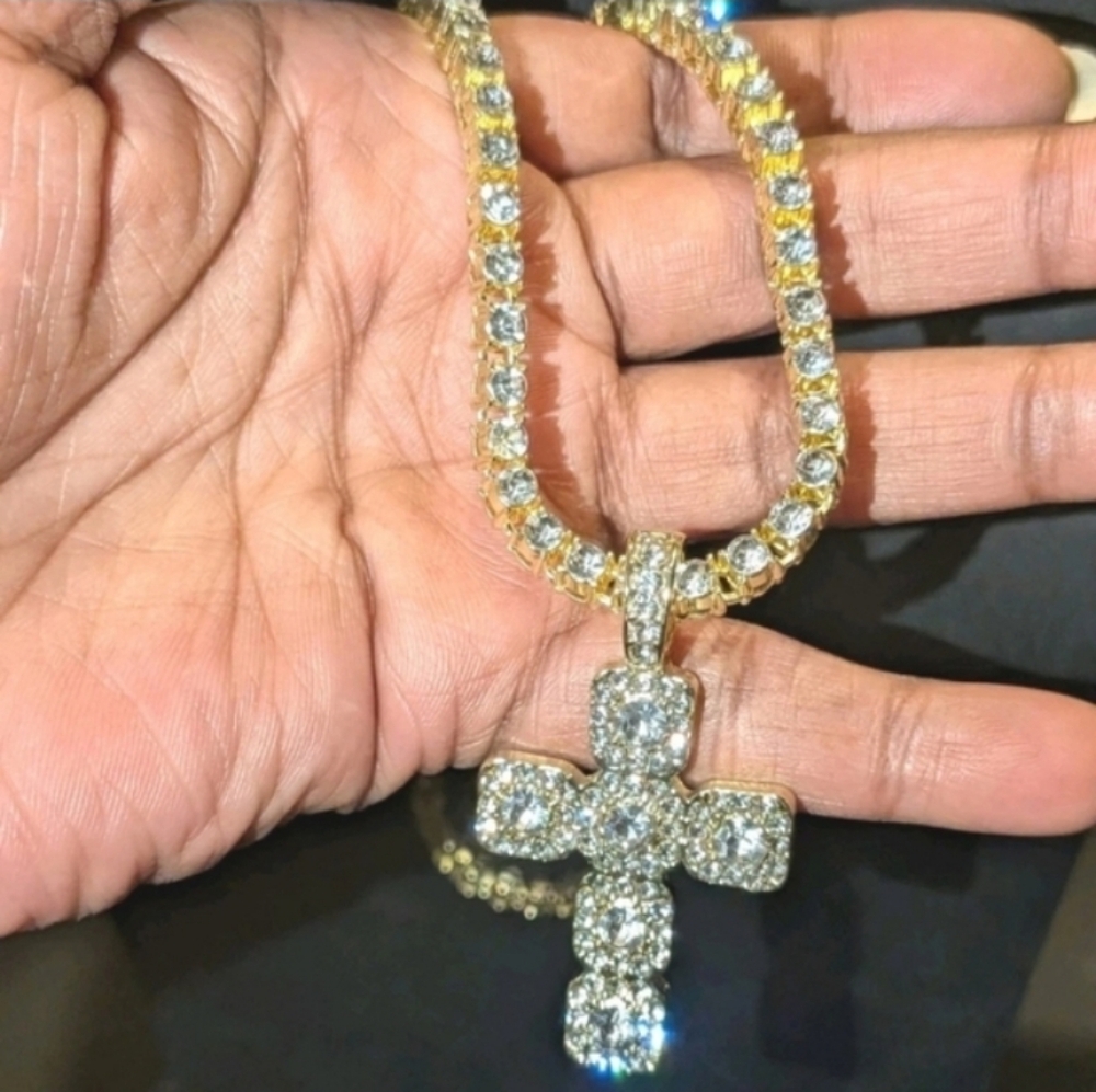 14k Yellow Gold Plated Lab Created Diamond Cross Pendant Tennis Necklace